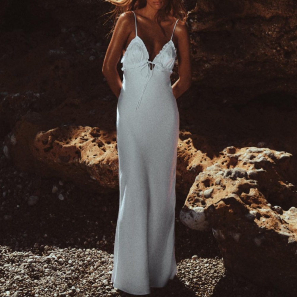 White Zara Ruffled Satin Effect Maxi Dress Size L